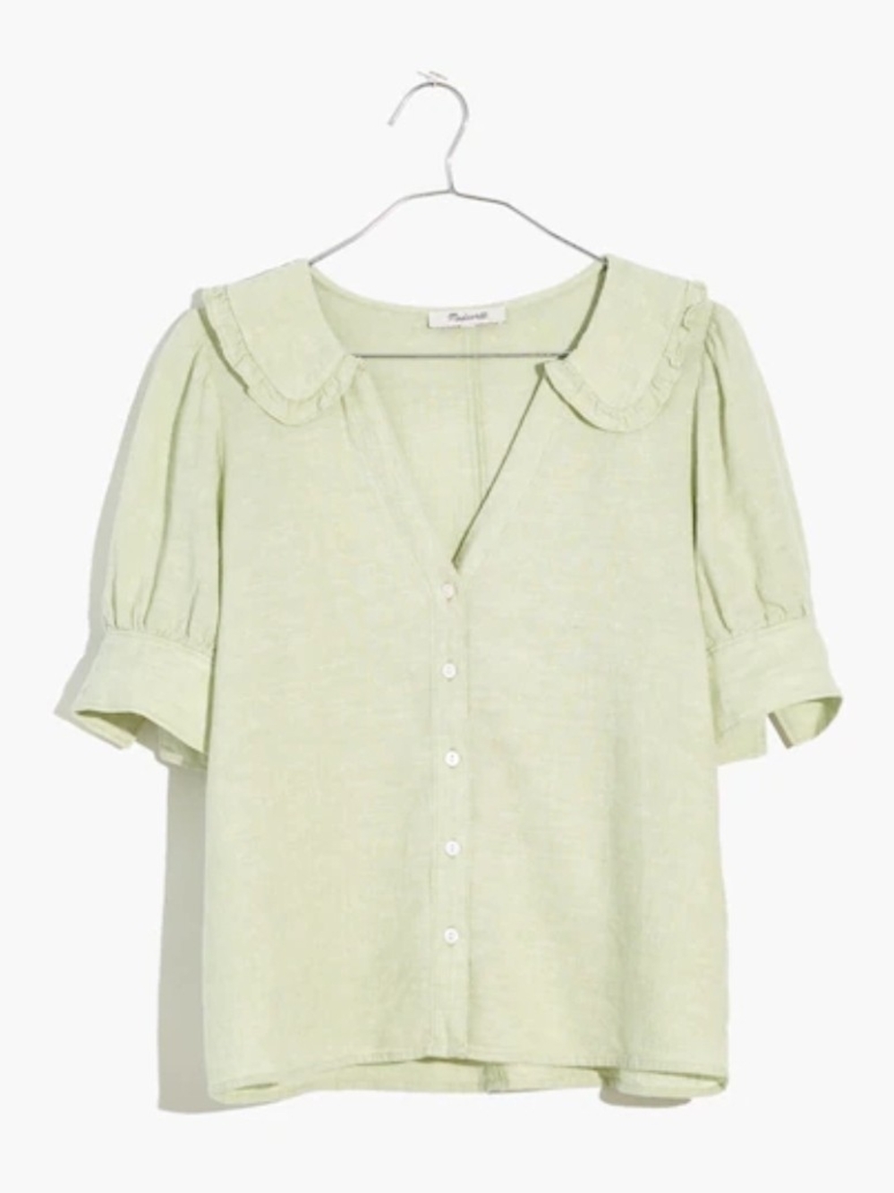 Madewell Light Green Ruffle Peter Pan Collar Button-Down Linen Top Sz 10/L